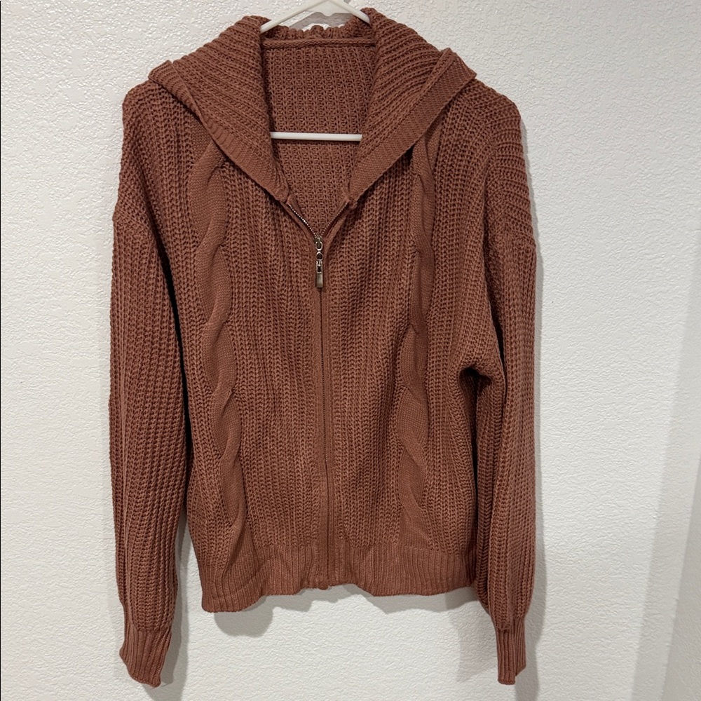 Brown Cable Knit Zip-Up Hoodie
